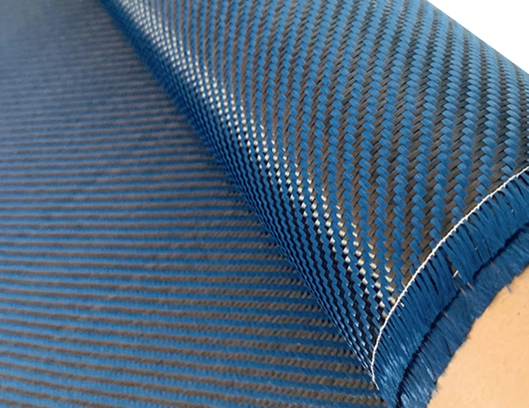 China Factory Colored Carbon Fiber Plain Twill 200GSM Aramid 3K 1500d Hybrid Fabric Cloth Roll Use for Automobile.